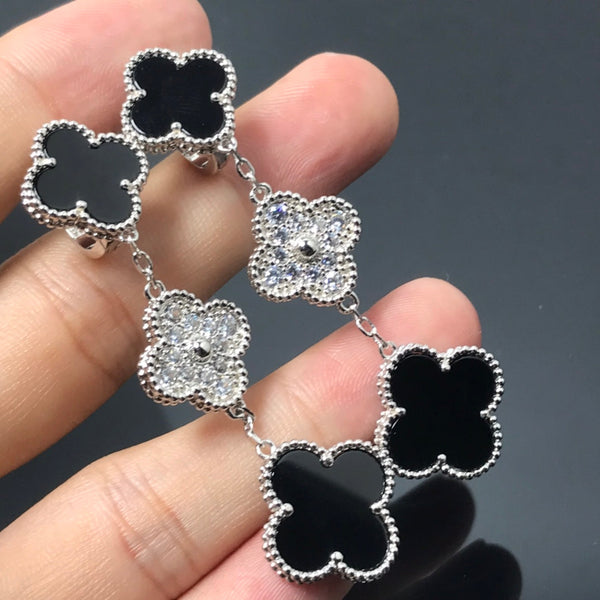 ˇMagic JewelryˇCLOVER 3 MOTIF DIAMOND ONYX SILVER EARRINGS