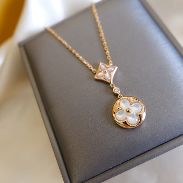 ˇMagic JewelryˇSTAR AND SUN WHITE MOP 2 MOTIF PINK GOLD NECKLACE