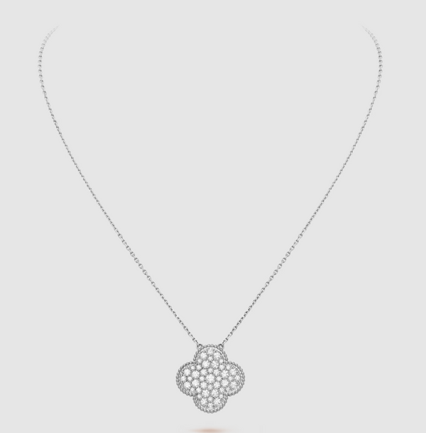 ˇMagic JewelryˇCLOVER 25MM LARGE PENDANT DIAMOND PAVED SILVER NECKLACE