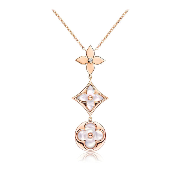 ˇMagic JewelryˇCOLOR BLOSSOM LARIAT NECKLACE PINK GOLD WHITE MOTHER PEARL AND DIAMOND
